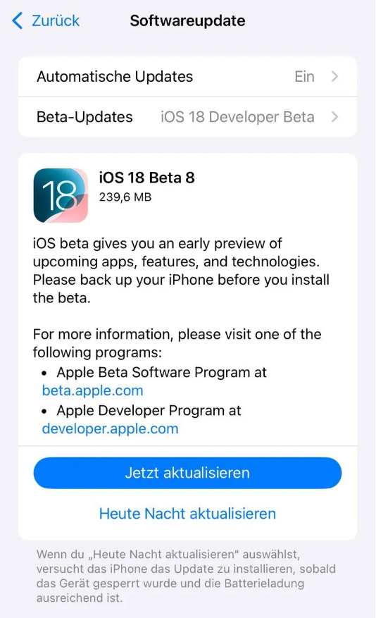 偏关苹果手机维修分享苹果 iOS / iPadOS 18 开发者预览版 Beta 8 发布 